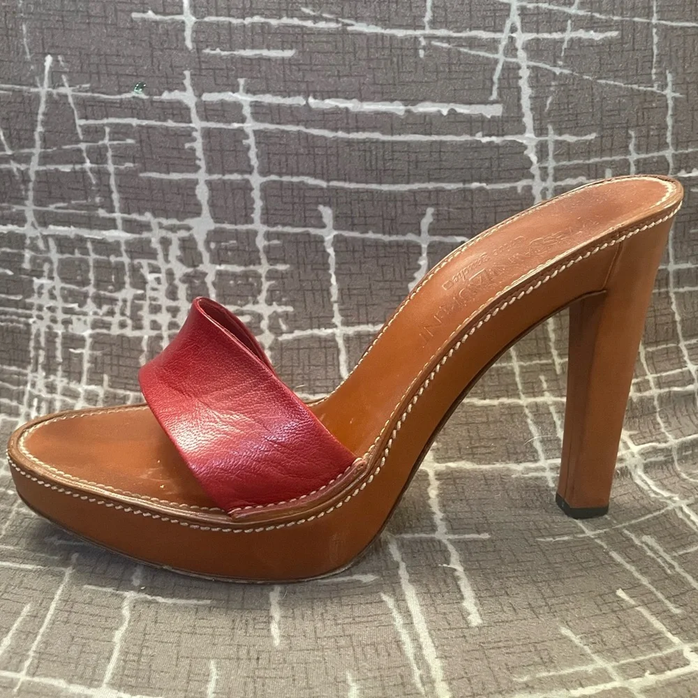 Yves Saint Laurent Red and Tan Leather Mules - Picture 4 of 8